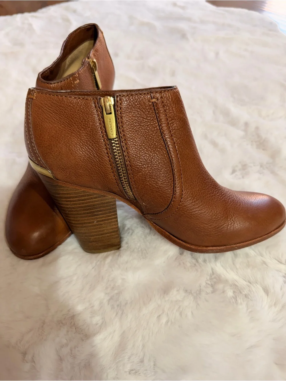 Coach Brown Leather Ankle Booties with Stacked Heel